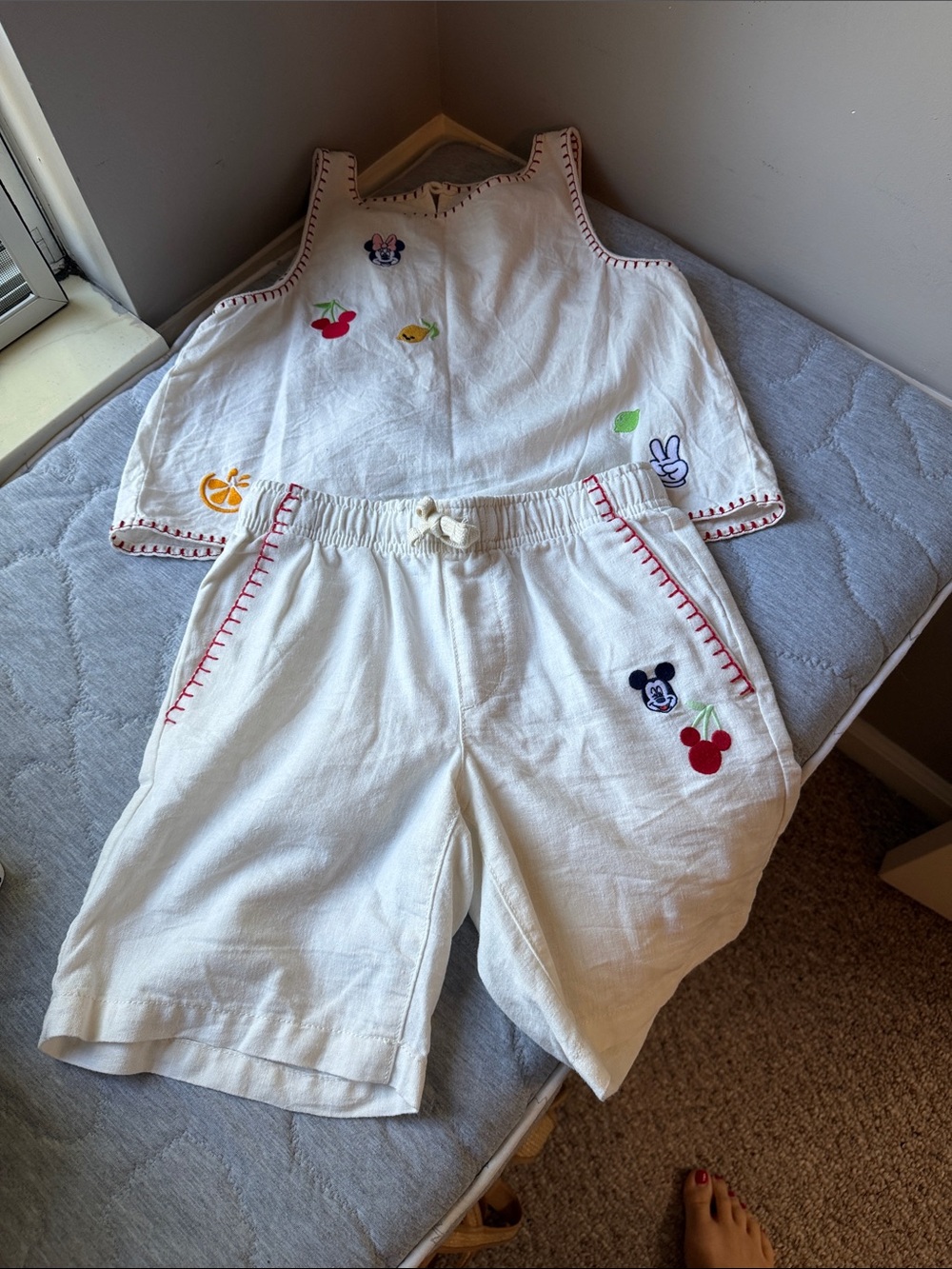 Disney X Old Navy  White Embroidered Kids Outfit with Red Stitching